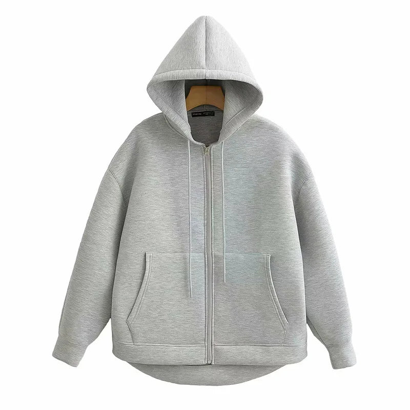 TRAFZA Autumn Women Gray Jacket with Hood Long Sleeve Big Pocket Zipper Jacket Coat Woman Loose Casual Outerwear Coat Tops