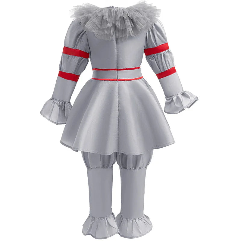 Kids Scary Joker Pennywise Cosplay Costume Horror Ghost Movie It Puff Sleeve Tulle Collar Top With Pants For Halloween Carnival
