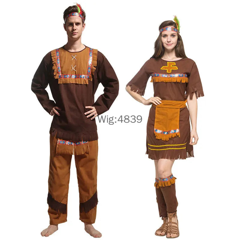 Halloween Costume Adult Couple Indian Native Clothes Women Men Primitive Man Caveman Costume Tassel Carnival Party Fancy Dress
