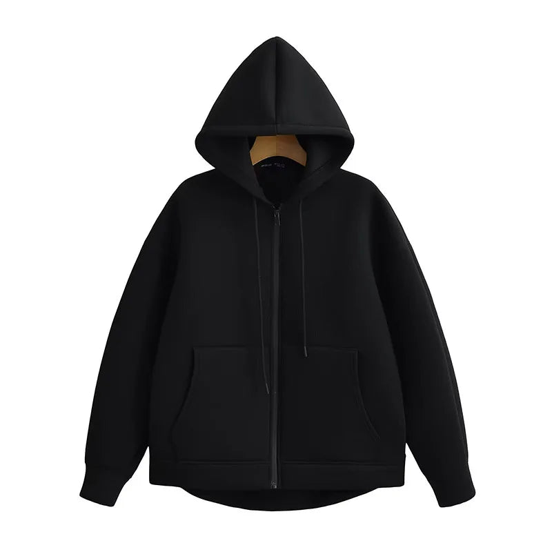 TRAFZA Autumn Women Gray Jacket with Hood Long Sleeve Big Pocket Zipper Jacket Coat Woman Loose Casual Outerwear Coat Tops