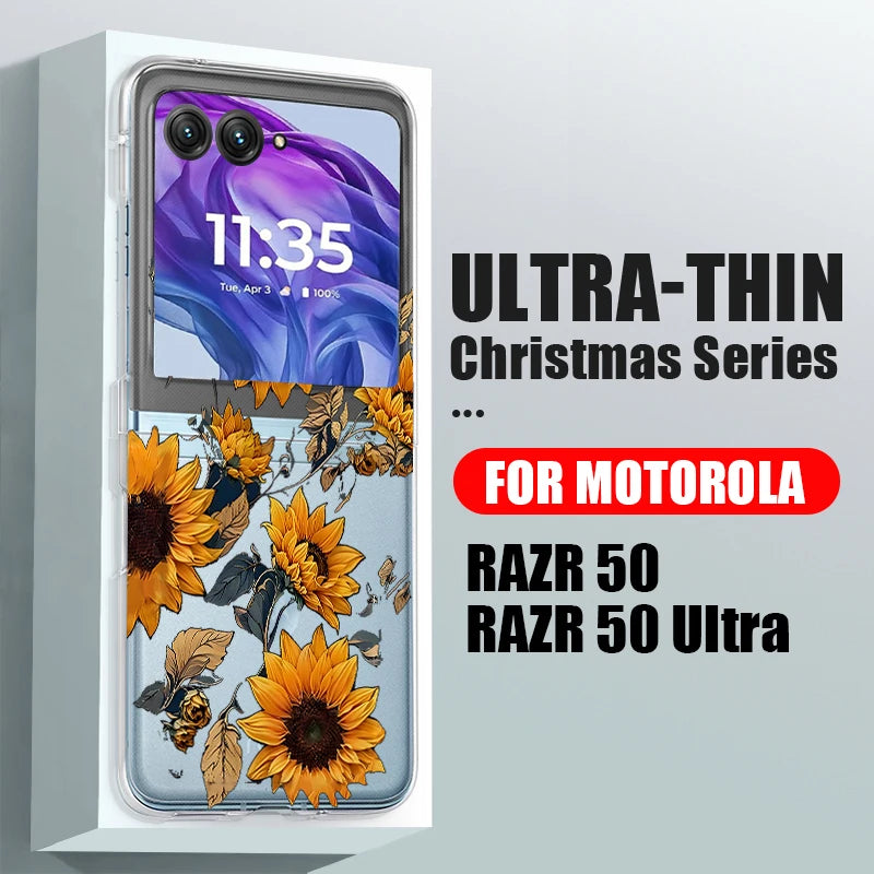 Sunflowers Pattern Clear Phone Case For Motorola Razr 50 40 Ultra Razr40 Razr50 Shockproof Bumper Transparent Folding Hard Cover