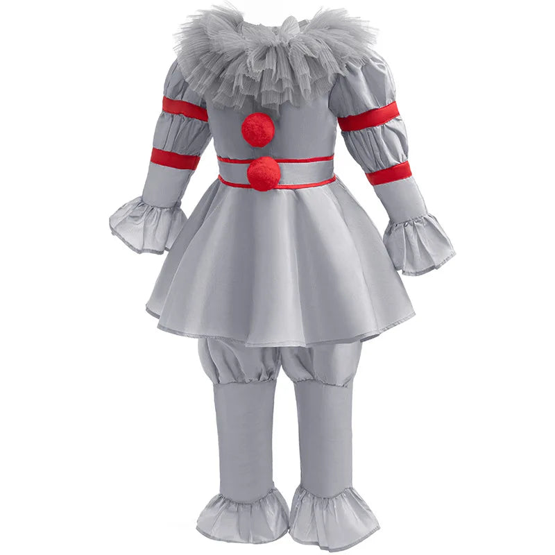 Kids Scary Joker Pennywise Cosplay Costume Horror Ghost Movie It Puff Sleeve Tulle Collar Top With Pants For Halloween Carnival