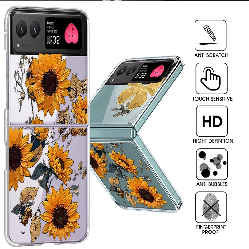 Sunflowers Pattern Clear Phone Case For Motorola Razr 50 40 Ultra Razr40 Razr50 Shockproof Bumper Transparent Folding Hard Cover