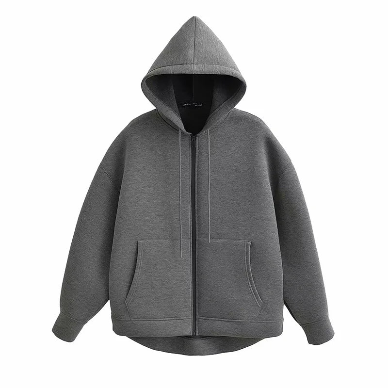 TRAFZA Autumn Women Gray Jacket with Hood Long Sleeve Big Pocket Zipper Jacket Coat Woman Loose Casual Outerwear Coat Tops