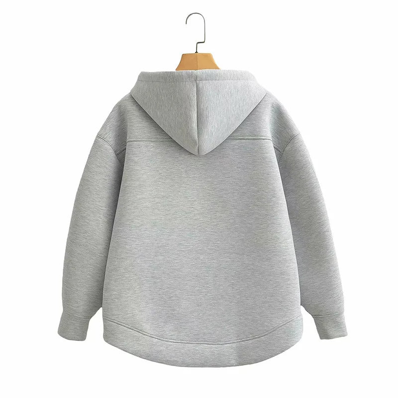TRAFZA Autumn Women Gray Jacket with Hood Long Sleeve Big Pocket Zipper Jacket Coat Woman Loose Casual Outerwear Coat Tops