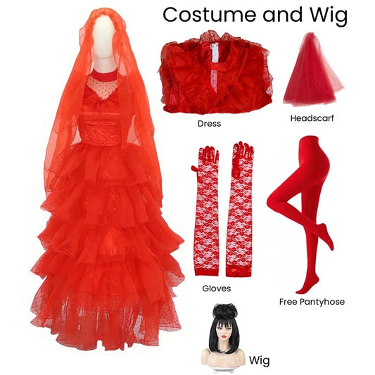 Anime Cosplay Beetle Juicee Costume Black and White Striped Suit Lydia Red Wedding Dress Horror Movie Halloween Scary Ghost Outf