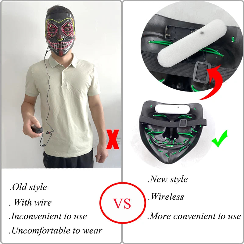 Wireless Mixed Colors Halloween Glowing Scary Face Mask Luminous LED Purge Mask Horror Light Up Mask Adult Cosplay Props Costume