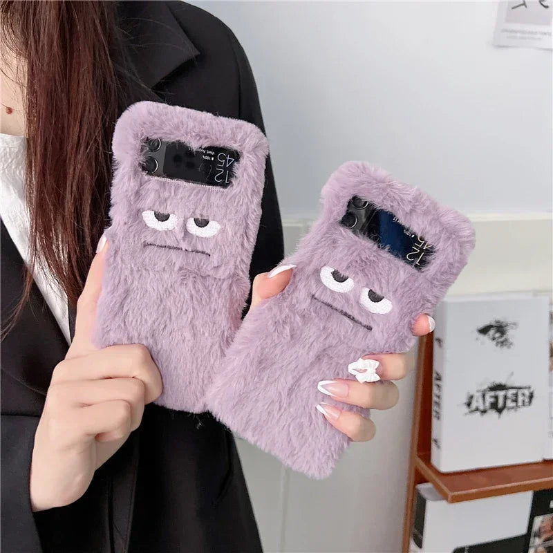 Cute Funny Fur Fluffy Monster Soft Case for Samsung Galaxy Z Flip 6 5 4 3 Zflip Flip6 Flip5 Flip4 Women Plush Cover Accessories