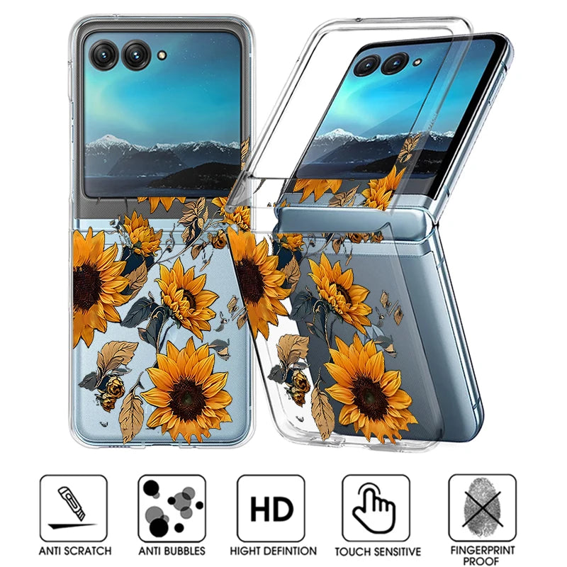 Sunflowers Pattern Clear Phone Case For Motorola Razr 50 40 Ultra Razr40 Razr50 Shockproof Bumper Transparent Folding Hard Cover