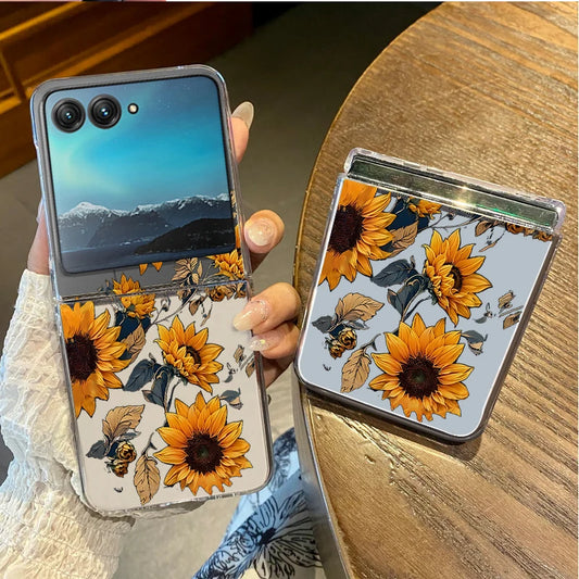 Sunflowers Pattern Clear Phone Case For Motorola Razr 50 40 Ultra Razr40 Razr50 Shockproof Bumper Transparent Folding Hard Cover