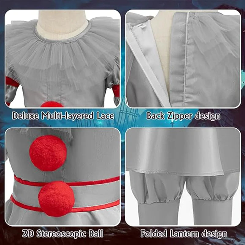 Kids Scary Joker Pennywise Cosplay Costume Horror Ghost Movie It Puff Sleeve Tulle Collar Top With Pants For Halloween Carnival