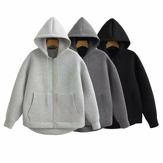 TRAFZA Autumn Women Gray Jacket with Hood Long Sleeve Big Pocket Zipper Jacket Coat Woman Loose Casual Outerwear Coat Tops