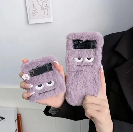 Cute Funny Fur Fluffy Monster Soft Case for Samsung Galaxy Z Flip 6 5 4 3 Zflip Flip6 Flip5 Flip4 Women Plush Cover Accessories